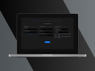 Policy Purchase Flow for Bitcoin Miner Warranty bitcoin miner machines black and blue dark mode flow miner policy purchasing process styleguide ui