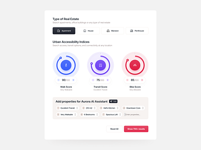 Filters bar with AI — AuroraRealty 3d ai animation artificial intelligence branding clean concept design figma filters graphic design illustration logo minimal mobile motion graphics real estate search ui ux