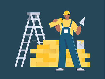 Construction worker art blue collar brick build character characters construction construction worker design flat graphic design house human illustration job man men people simple work