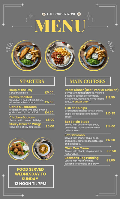 Border Rose Inn, Walsden Food Menu branding digital marketing food food menu graphic design menu social media