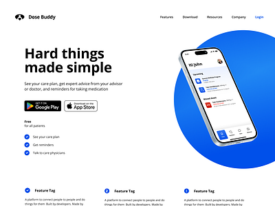 Dose Buddy Logo, Landing Page, and Mobile App UI blue eyecare eyes figma healthcare ios medicine modern ophthalmologist reminders vector white