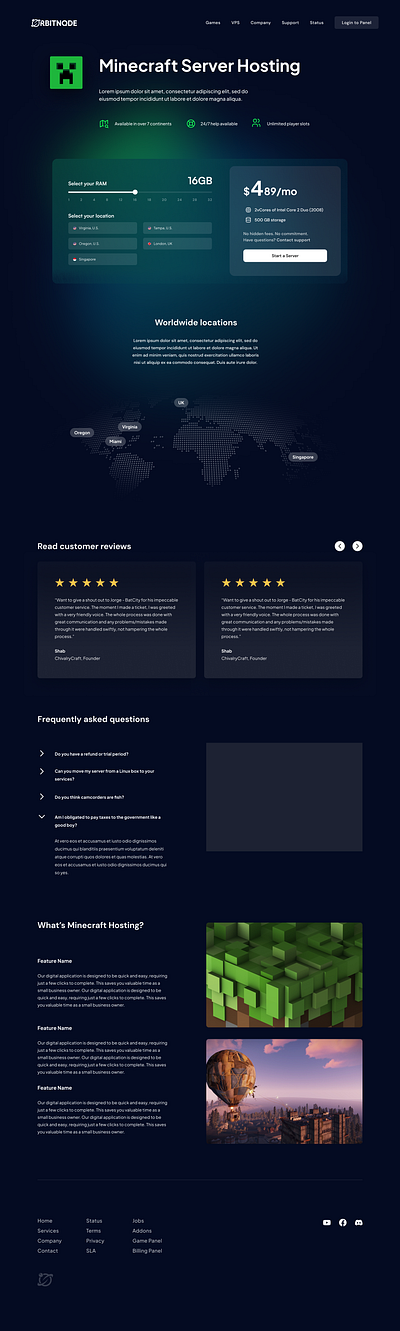 Dark Minecraft Game Server Hosting Product Buy Landing Page gradient green torquise