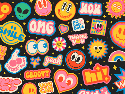 Groovy Stickers Collage. Cool Y2k Pop Art Pattern. 90s abstract art cartoon collage comic cool design funky funny groovy happy pattern pop psychedelic retro smile sticker vintage y2k