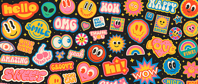 Groovy Stickers Collage. Cool Y2k Pop Art Pattern. 90s abstract art cartoon collage comic cool design funky funny groovy happy pattern pop psychedelic retro smile sticker vintage y2k