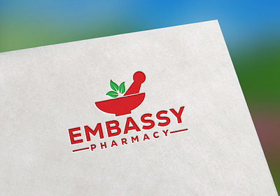 EMBASSY PHARMACY LOGO best logo branding businesslogo creativelogo embassy logo illustration logo logo color logo design logo type medicine minimalist logo modern pharmacy logo red logo red pharmacy simple logo