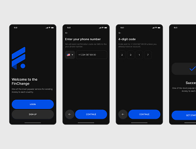 Sign Up Flow - Fintech, Mobile IOS app 4 digit code blue dark mode design fintech flow ios app logo mobile app phone number registration sign up ui ux verification