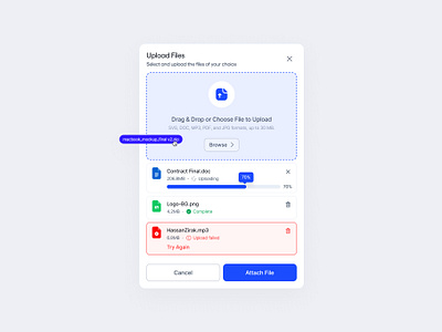 Minimal File Uploader UI blue card dargdrop download drag error file format modal percentage progress upload uploader ux