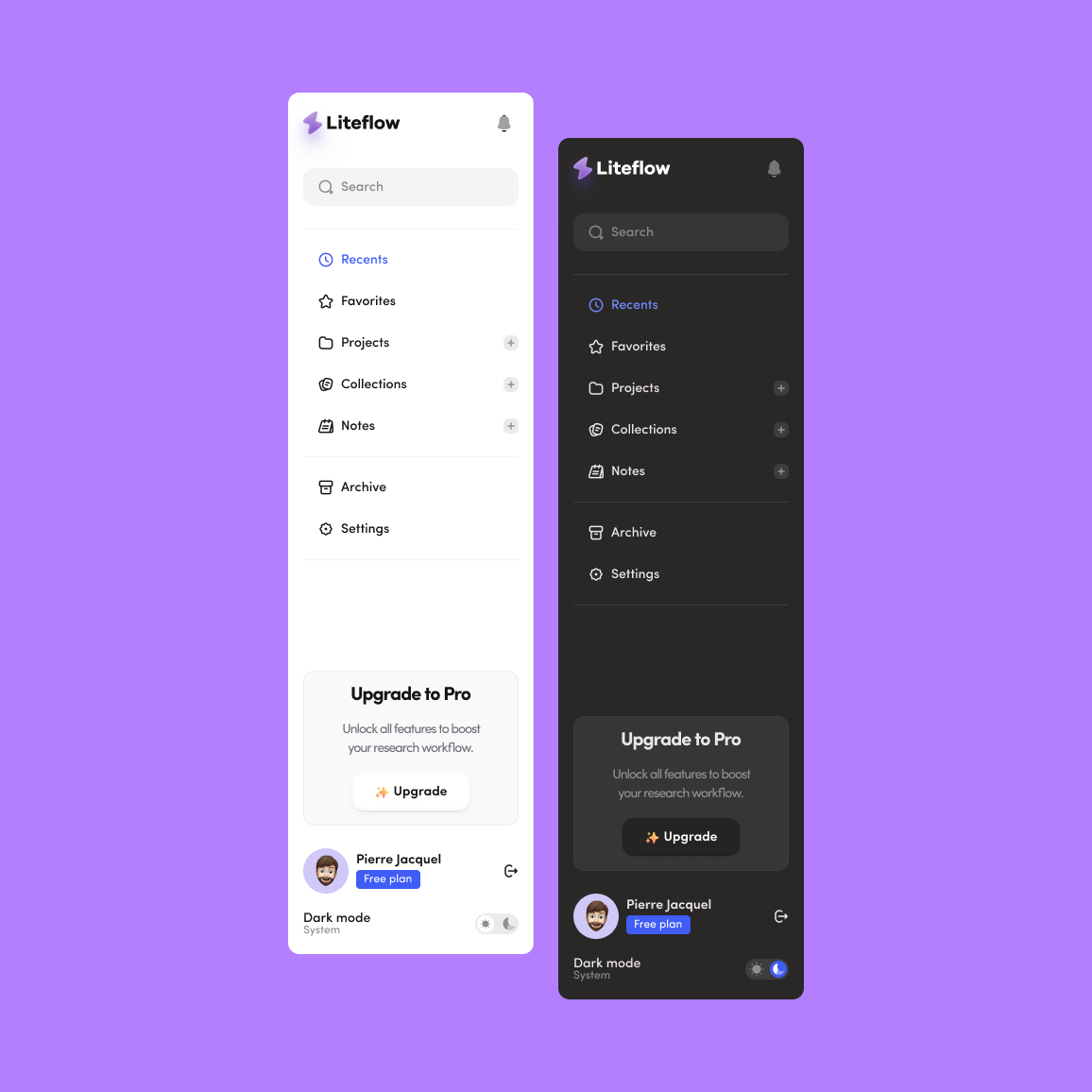 Sidebar for a SaaS dark dark mode design figma light mode nav saas sidebar ui