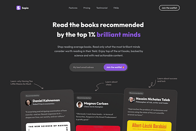 Landing page for a book recommendation app books dark mode landing page modern reading saas ui