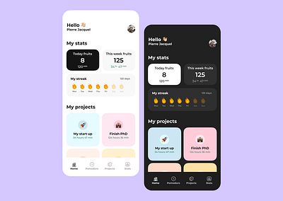 Modern Pomodoro app android app dark mode design ios light mode mobile pomodoro productivity time tracking ui