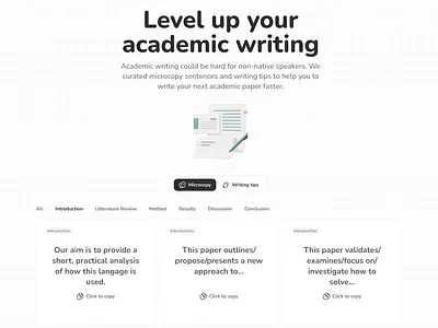 Landing page for a micro copy website for academics and students academics copy design landing page light theme micro copy students ui ux writing