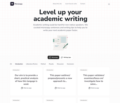 Landing page for a micro copy website for academics and students academics copy design landing page light theme micro copy students ui ux writing