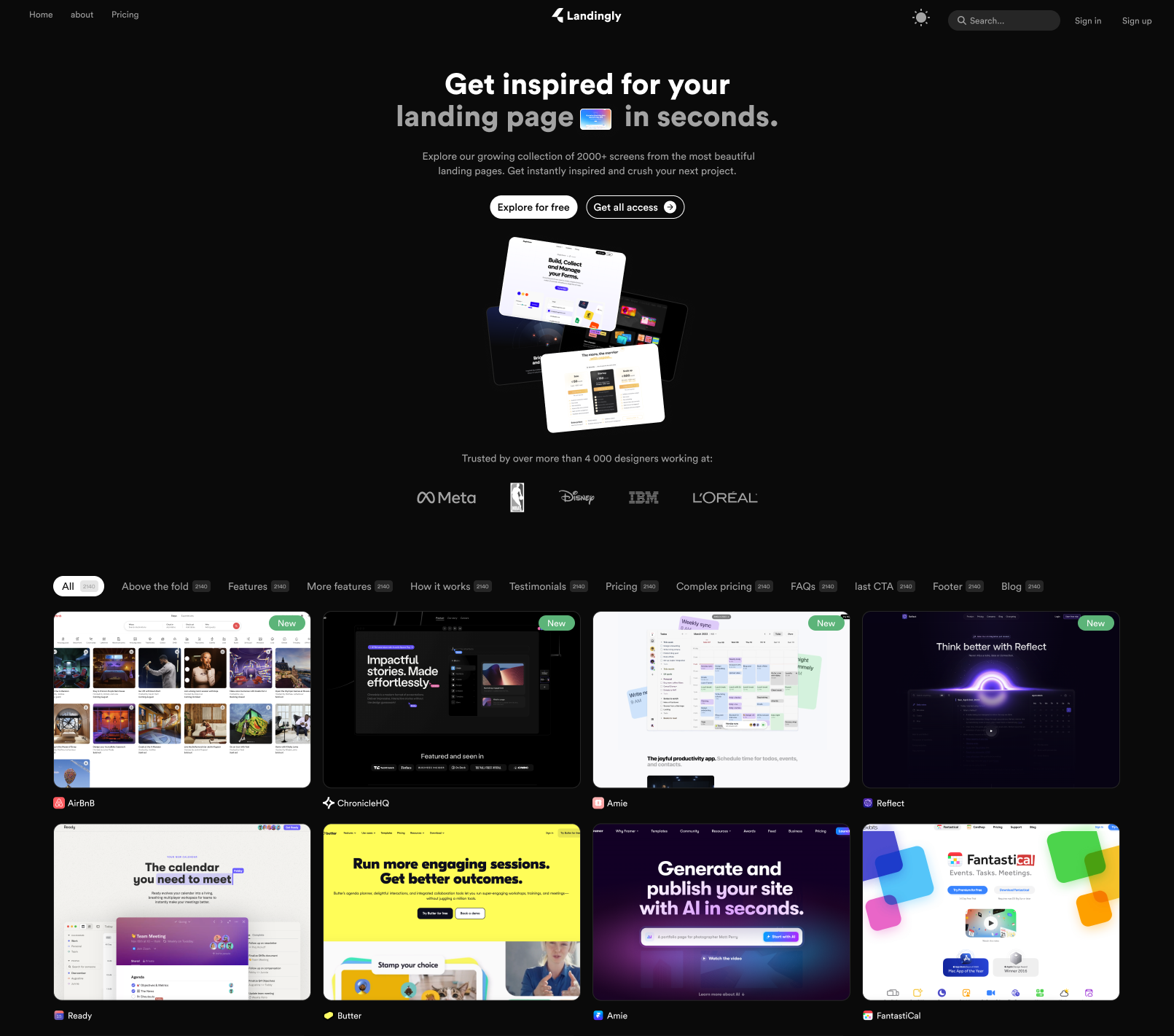 Landing page for dark theme designers inspiration landing page saas ui ux