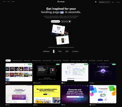 Landing page for landingly.co dark theme designers inspiration landing page saas ui ux