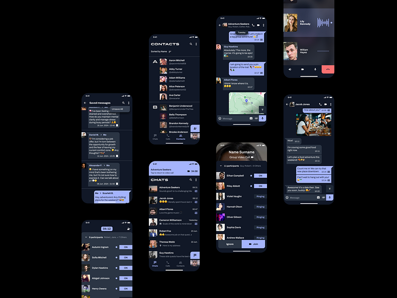 BEEM Chat App in Dark Theme app audio call chat dark design digital feed list message messaging mobile theme ui ui design uiux ux video voice