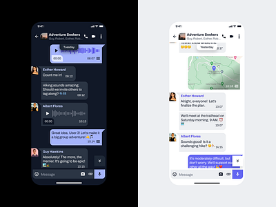 Adventure Seekers Chat Group app chat dark design digital feed light location memo message micro mobile phone sound text ui ui design uiux ux voice