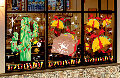 Taco Bell Window Clings "Season of Giving" art cactus illustration restaurant store window store window display taco taco bell window art window clings window display