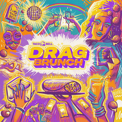 Taco Bell Drag Brunch activation drag brunch environmental design event illustration key art lgbt lgbtq logo design taco bell