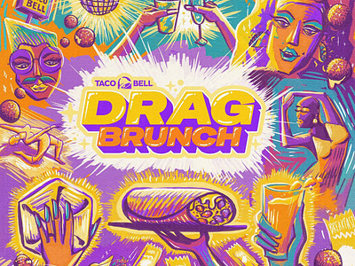 Taco Bell Drag Brunch activation drag brunch environmental design event illustration key art lgbt lgbtq logo design taco bell