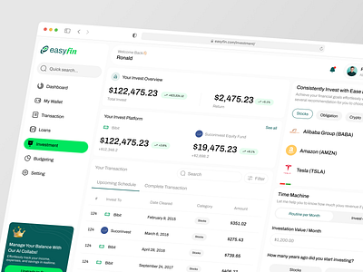 EasyFin - Finance Dashboard [Investment Page] card clean crypto dashboard design finance investment manager sidebar stock template ui ui kit uiux ux