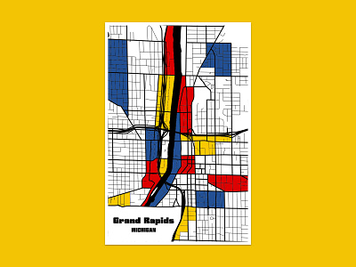 Grand Rapids Mondrian art blue branding downtown dutch grand rapids graphic design illustration map michigan modernist mondrian postcard red rip off satire yellow