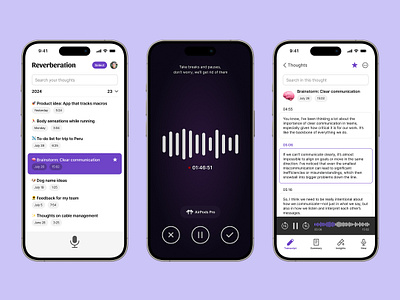 Reverberation: AI-Enhanced Thoughts app app design audio clean digital product digital product design full screen ios ios design iphone minimal mobile native product ui ux