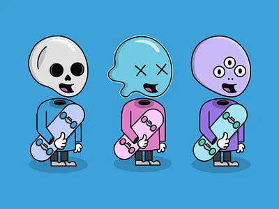 Gnarly Fellows alien avatars cartoon character faces ghost illustration monster pastel skateboarding skateboards skaters skull vector