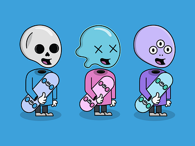 Gnarly Fellows alien avatars cartoon character faces ghost illustration monster pastel skateboarding skateboards skaters skull vector