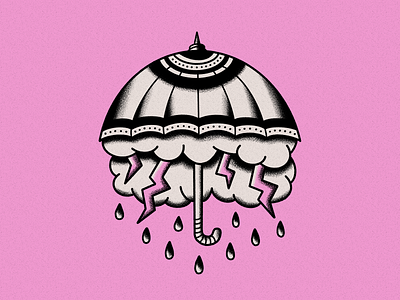 Rainy Daze american traditional art clouds fuschia illustration lightning pink rain shading storm tattoo flash texture umbrella