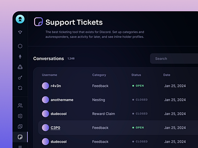 Vulcan Product UI dark theme dashboard data digital iconography icons navigation product status support tickets table type typography ui ux web