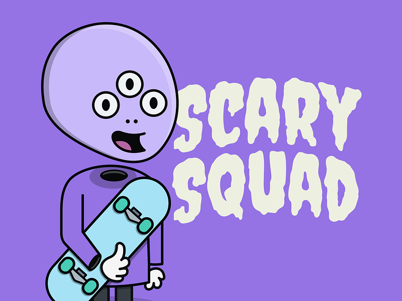 Scary Squad alien branding cartoon character colorful kids lettering logo monster purple skateboard skater spooky three eyes type typography