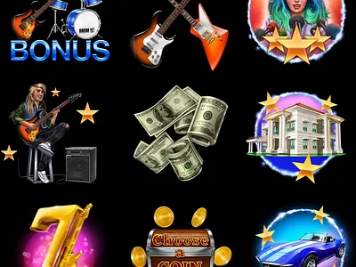 Set of slot symbols animation - Online casino slot "Rock Star" character animation characters digital art digital design gambling game art game design motion art motion design rock slot rock themed slot design slot designer slot game slot graphics symbols animation symbols design