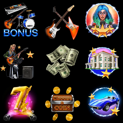 Set of slot symbols animation - Online casino slot "Rock Star" character animation characters digital art digital design gambling game art game design motion art motion design rock slot rock themed slot design slot designer slot game slot graphics symbols animation symbols design