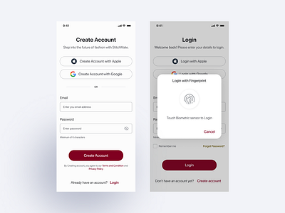 Authentication page -Stitchmate ai app ar artificial intelligence augmented reality authentication page login logo mobile app product design sign up ui ux