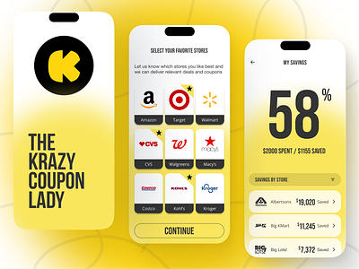 The Krazy Coupon Lady branding clean design ecommerce graphic design logo mobile apps modern design native apps product design responsive design shopping apps ui ui design user interface ux uxui yellow design