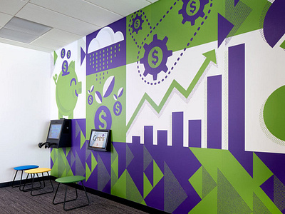 Centris Kids' Zone Mural bank childrens illustration cute environmental branding environmental graphics financial graphic design illustration kids illustration money mural mural art office omaha piggy bank wall art