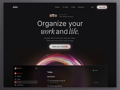 Doist — Todo App Web Design ai animation app creative design glassmorph interface landing page minimal modern motion product simple sphere startup todo ui ux web website