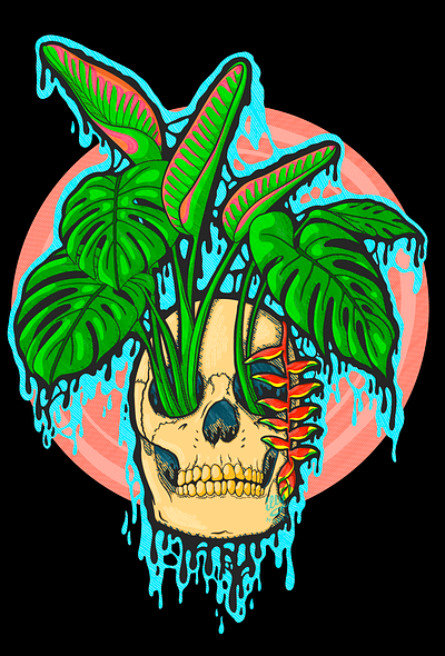 Drippy Tropical Skull drawing drippy halloween heliconia horror illustration illustrator monstera procreate scary shirt skateboard skull spooky threadless tropical