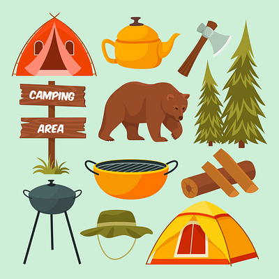 Camping funny element collection camping camping elements camping icons flat design graphic design icons illustrator outdoor outdoor elements retro style vector