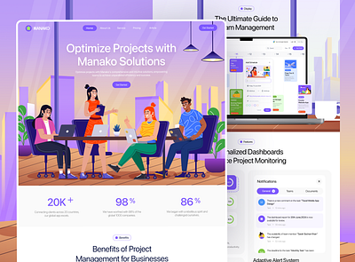 Project Management Landing page -Manako 2d illustration b2b branding crm design graphic design header homepage illustration landing page planning website project management project management landing page saas saas website task management team work website uiux vector web3