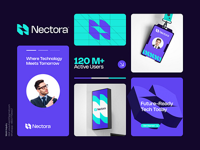 Nectora™ Logo and Visual Identity Design abstract logo brand brand identity brand style guidelines branding creative design gradient logo grid logo icon identity logo logo design logo designer modern logo n logo saas technology visual identity web3