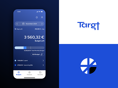 Targt App Branding app blue branding budget color dark design digital finance light logo mark mobile money phone ui ui design uiux ux