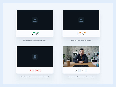 Microphone & Camera States — Video Conference App Onboarding audio call camera camera app camera preference camera settings google meet interface light mode meeting meeting app onboarding product design recording ui design video call video conference video conferencing app web app widget