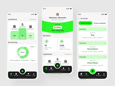 Just Go Zero App Home Screens collection green energy kg leaderboard mobile net zero pointers profile recycling score ui zero waste