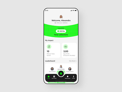 Just Go Zero Home Screen collection green energy leaderboard mobile mobile ui net zero pointers profile recycling ui zero waste