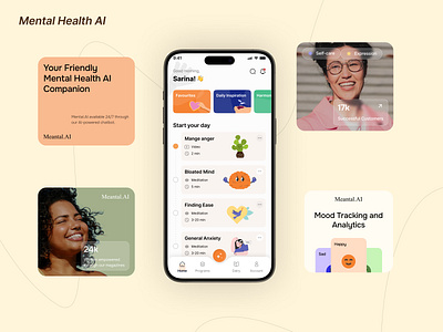 Mental Health AI – Your Personal Health and Wellbeing Partner ai assistance ai chatbot ai mental health app design chatbot fitness app healthcare illustration mascot meditation app mobile app modd tracker app onboarding orange prodcut relax therapy ai uiux wellness app yoga app