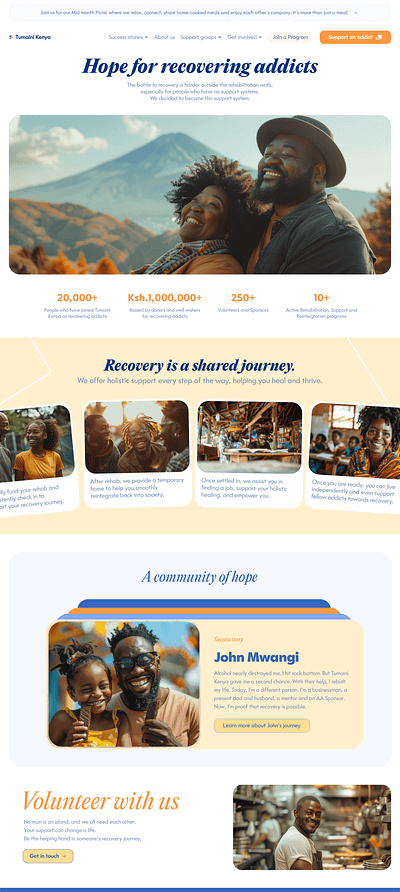 Tumaini Kenya Landing page addiction community design empathy healing health impact inclusive kenya landing page mental health non profit recovery support support system ui ux website