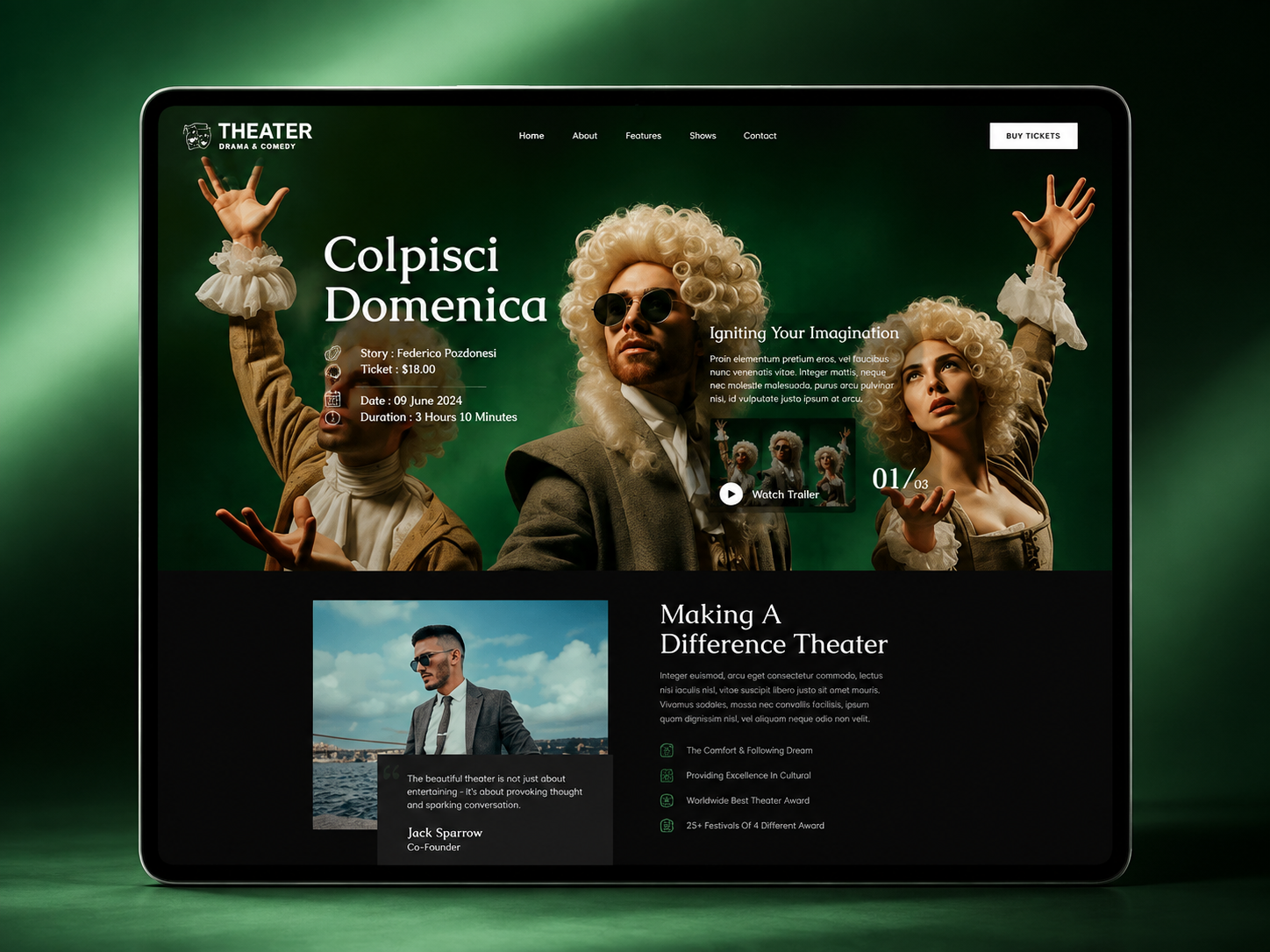 Theater: Discover Amazing Shows and Secure Your Seats arts booking booknow design entertainment live performance onlinetickets stage theater tickets ticketsale ui uiux website wordpress