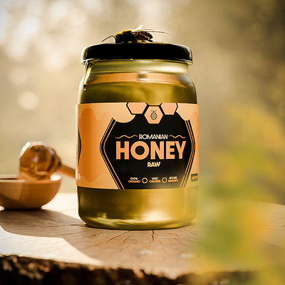 Raw Romanian Honey Jar Render With Package Design 3d ad branded branding commercial design design graphic design honey illustration logo package design product design