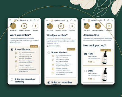 E-commerce / Stepper/Customizer app branding gold green serum ui web